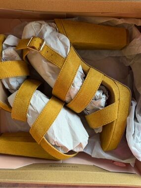 Mustard Yellow Suede Block Heel Sandals